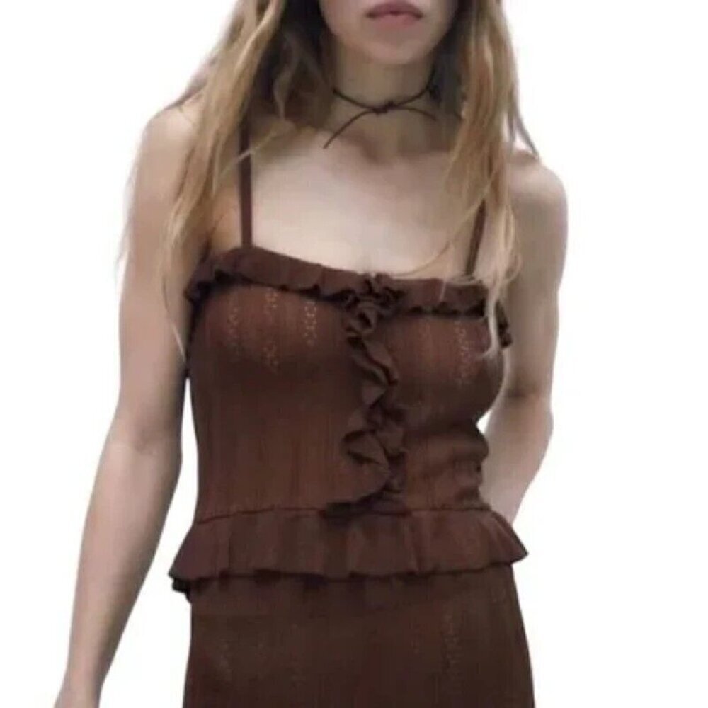 NEW ZARA CHOCOLATE POINTELLE KNIT RUFFLE CAMI TOP MEDIUM